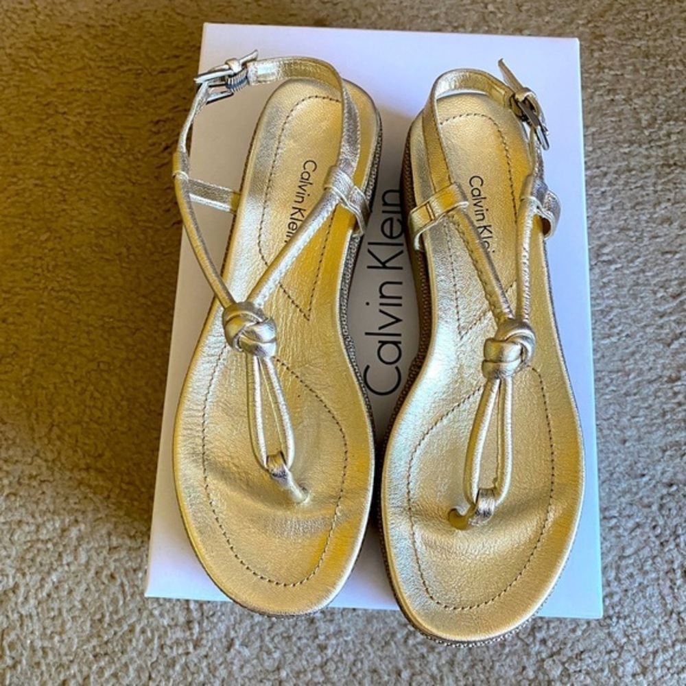 Calvin Klein Gold Metallic Thong Slingback Platform Sandals